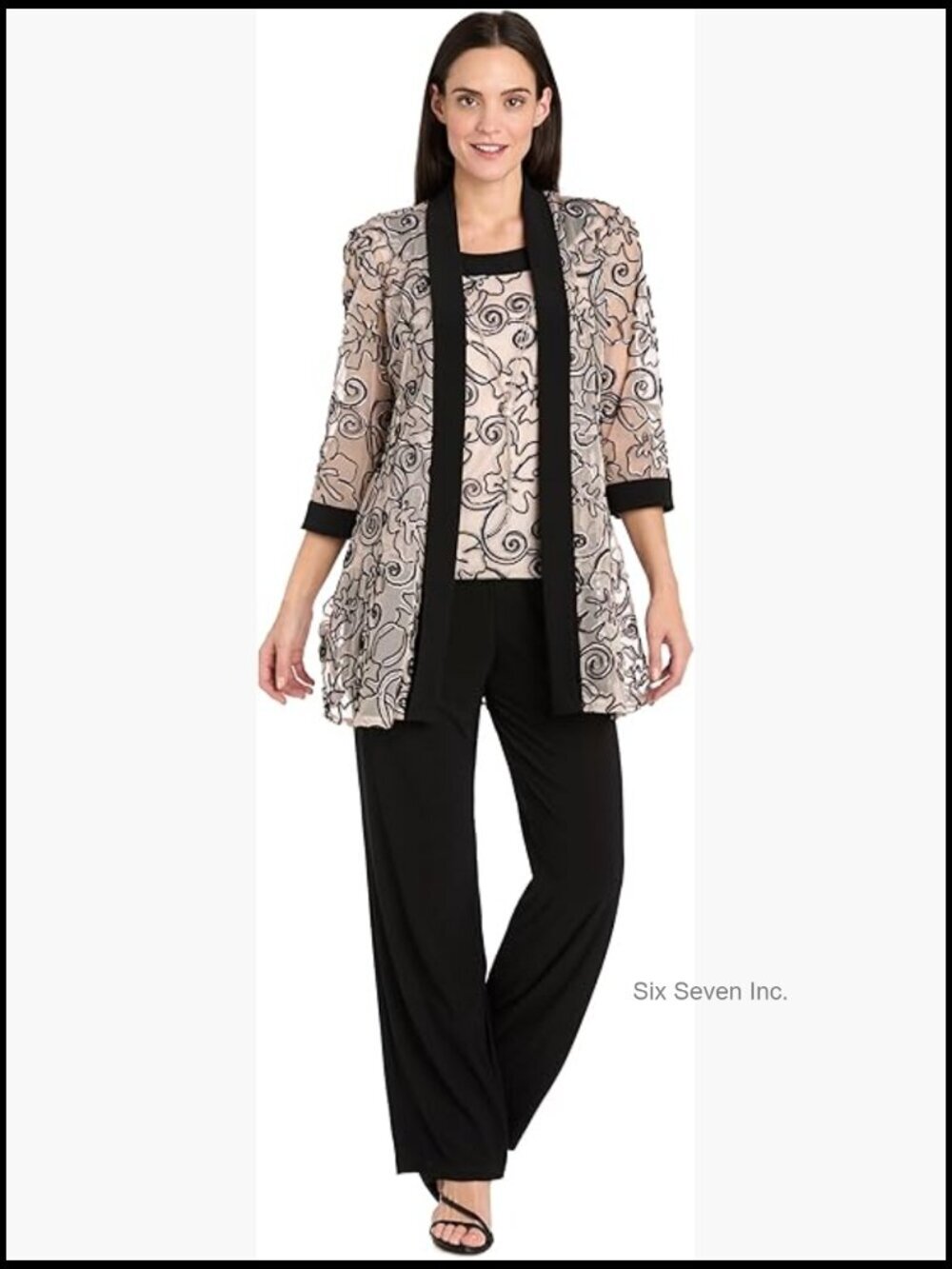 Two-Piece Pantsuit Set with Mock Top & Jacket Embellished Borders